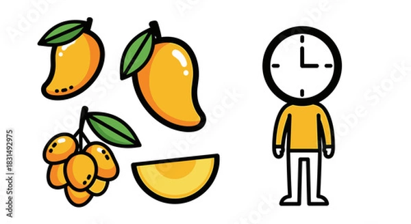 Fototapeta Mango fruits and clock-faced character set