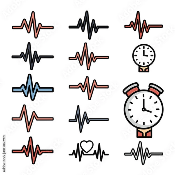 Fototapeta Heartbeat and alarm clock doodle icons set