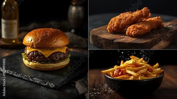 Fototapeta Ultimate Comfort Feast: Pizza, Chicken, Fries, and Burger

