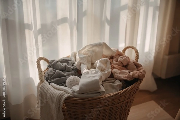 Obraz Sunlight-Drenched Laundry Basket Overflowing with Soft Textiles Near Sheer Curtains.