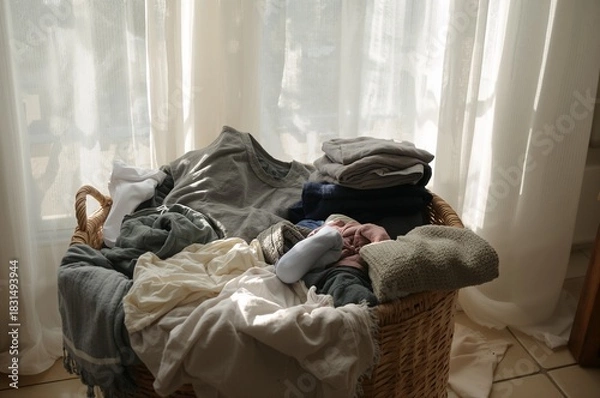 Obraz Overflowing Laundry Basket - Wicker Container Filled with Clothes, Sunlight Streaming Through Curtains.