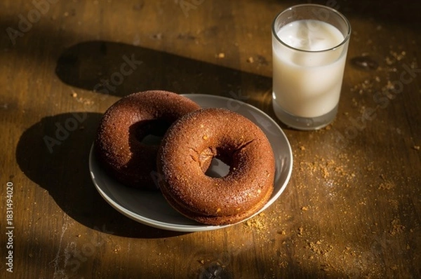 Obraz Two Chocolate Donuts on Plate with Glass of Milk, Warm Light, Rustic Table.