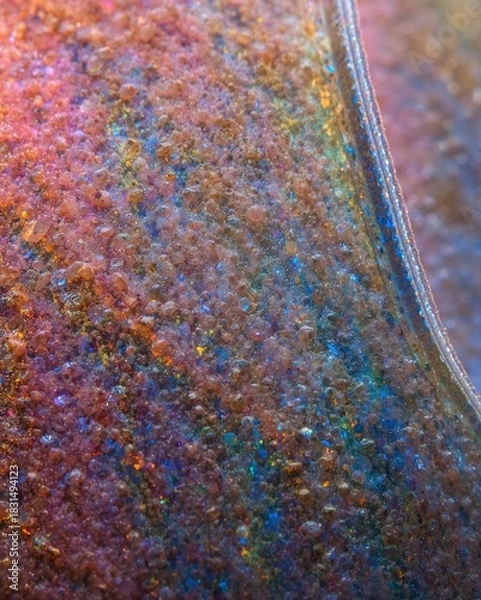 Obraz Abstract Macro - Iridescent Granular Surface with Shimmering Rainbow Hues and Curved Edge Detail.
