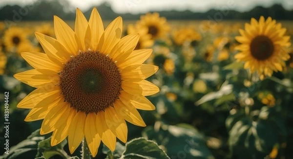 Obraz Radiant Sunflower in Sharp Focus, Bathed in Golden Light, Against a Blurry Field of Summer Blooms.