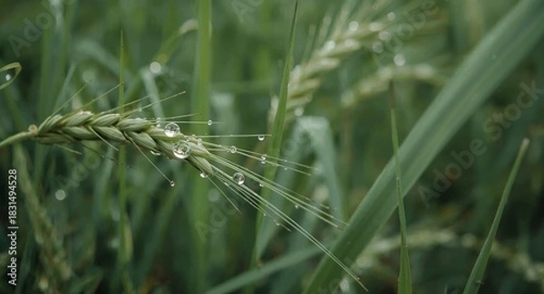 Obraz Macro Shot - Fresh Green Grain Ear Adorned with Sparkling Dew Drops.