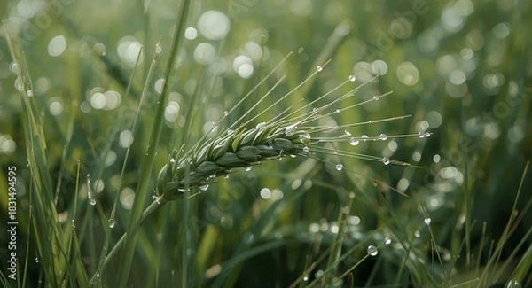 Obraz Close-Up of Dew-Kissed Wheat Stalks in Lush Green Field, Bokeh Effect.