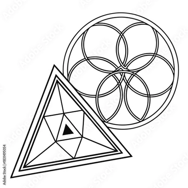 Fototapeta Black geometric shapes triangle and overlapping circles on white