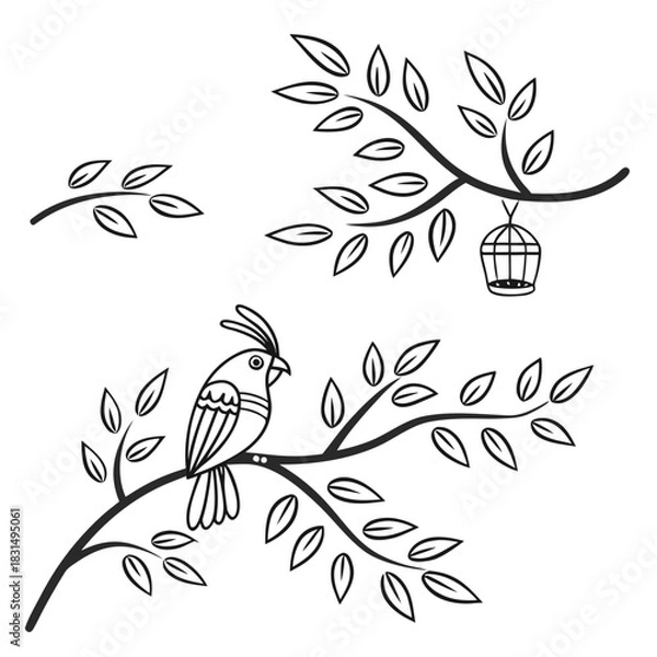 Fototapeta Black line art bird on branch with cage and leaves