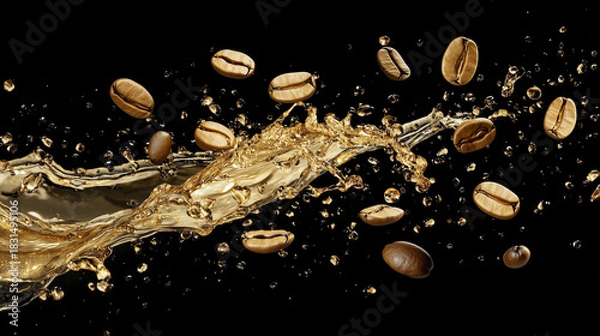 Fototapeta Dynamic coffee splash with flying roasted beans on a black background