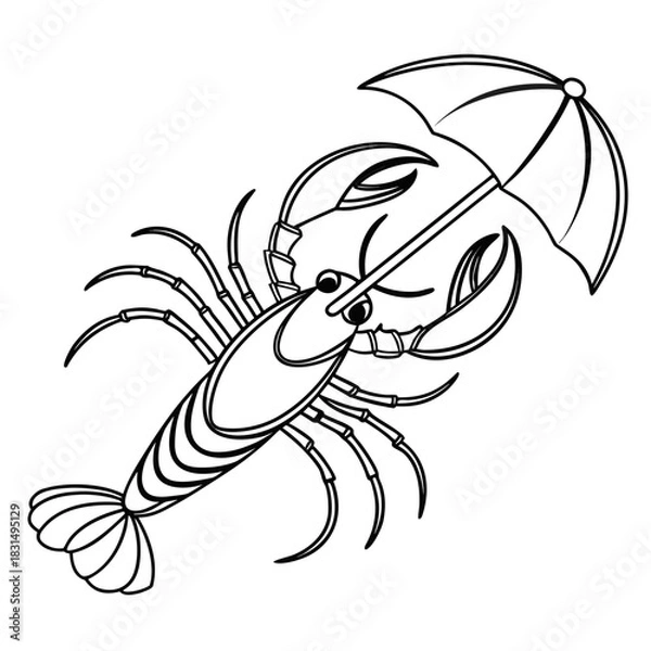 Fototapeta Black line drawing of a lobster holding an umbrella