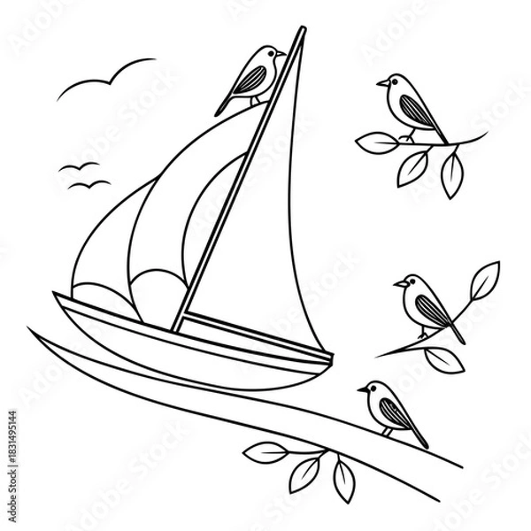 Fototapeta Black line drawing of sailboat with birds on branches