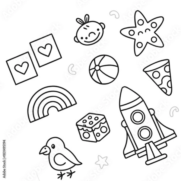 Fototapeta Black outline doodle icons of toys and food black and white