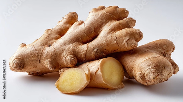 Fototapeta A close up shot of several ginger roots, one sliced, on a white surface with soft lighting