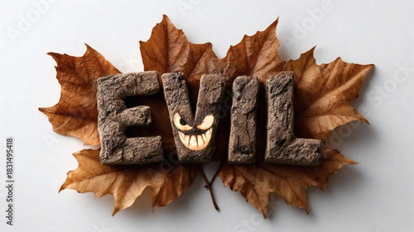 Obraz Fall leaf design with evil carved pumpkin and scary text sign on white background