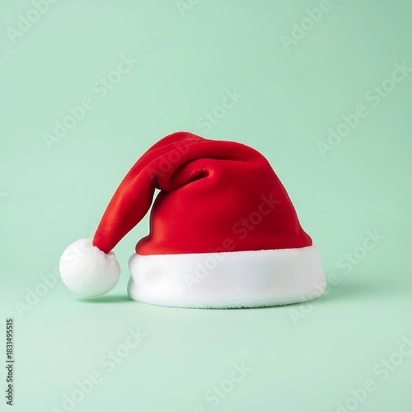 Fototapeta Red Santa Hat on Light Green Background