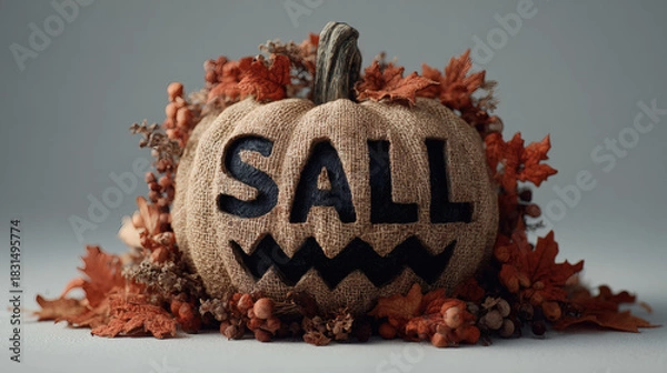 Fototapeta Fall leaf design with evil carved pumpkin and scary text sign on white background