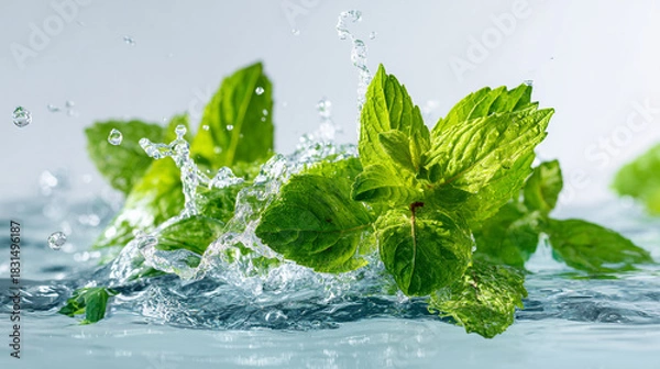 Fototapeta A close up shot of fresh green mint leaves with water splashing around them on a light background
