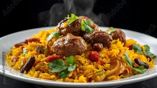 Fototapeta Appetizing Indian Feast: Steaming Biryani on Dark Background