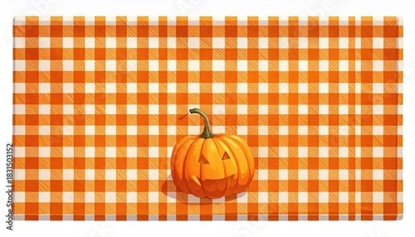 Obraz Spooky Halloween Pumpkin Face on Orange Gingham Background.