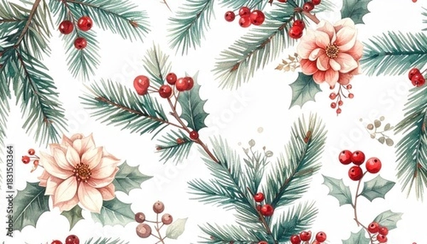 Obraz Christmas seamless pattern with pine branches holly and flowers.