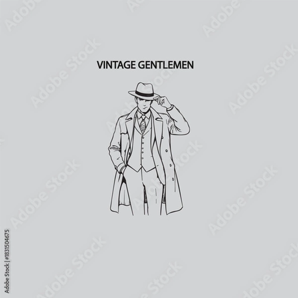 Obraz Minimalist line art of vintage man in fedora hat overcoat and suit with confident pose and classic style