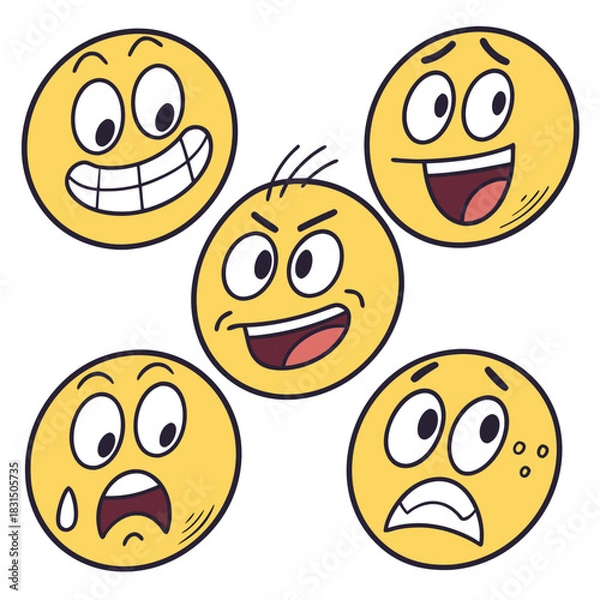 Fototapeta Five yellow cartoon faces with different expressions