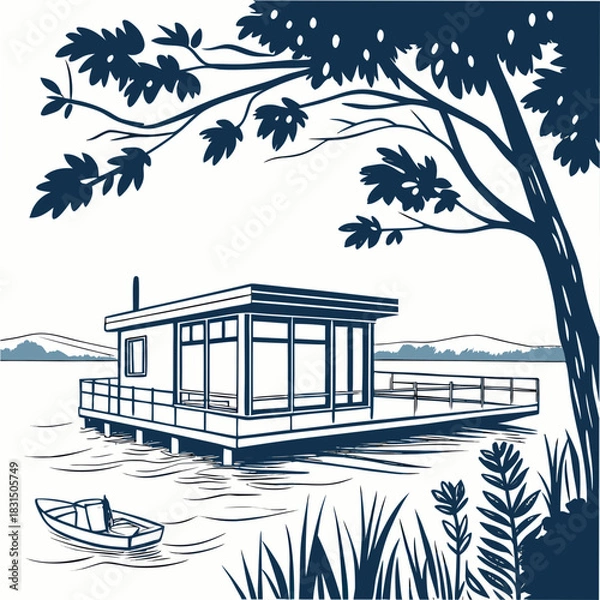 Fototapeta Floating house with pier and boat on lake vector water