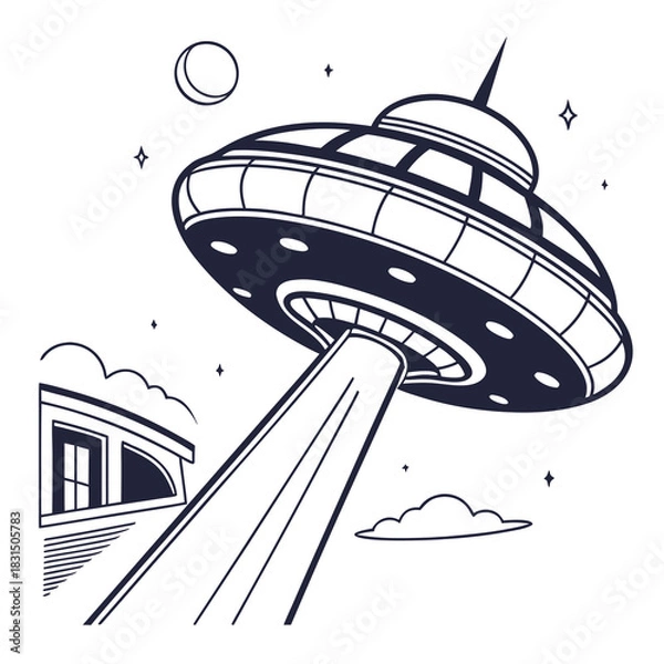 Fototapeta Flying saucer emitting beam over building vector illustration