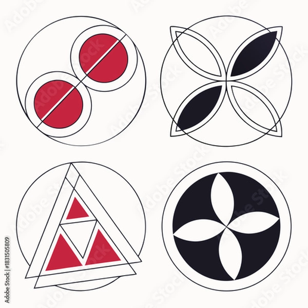 Fototapeta Four abstract geometric shapes with red and dark blue