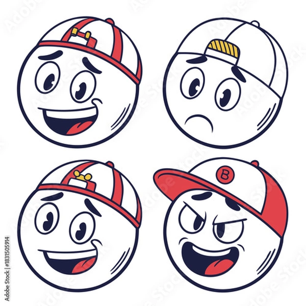 Fototapeta Four cartoon faces with baseball caps and different expressions