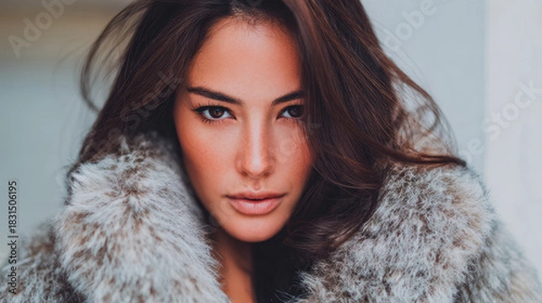 Fototapeta Portrait of a woman in a stylish fur coat with soft lighting in an indoor setting