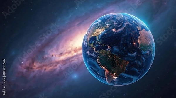 Fototapeta Our Planet Earth Floating in a Nebulous Galaxy

