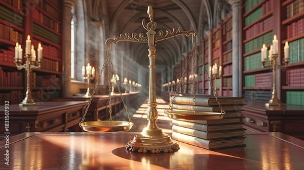 Obraz Golden justice scales with law books in a grand classical library illuminated by warm sunlight symbolizing fairness and legal wisdom