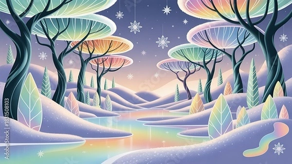 Obraz Whimsical pastel winter fantasy landscape with glowing rainbow river, magical trees, shimmering leaves and hanging star decorations