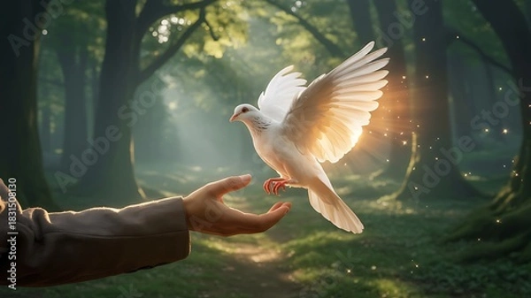 Obraz White dove landing gently on a human hand in a sunlit forest with glowing light particles symbolizing peace, hope and freedom