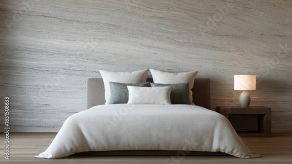 Fototapeta Modern bedroom with elegant decor and minimalist design features natural elements for a serene atmosphere