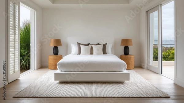 Fototapeta Modern bedroom with ocean view showcasing minimalist design and natural light in a serene setting