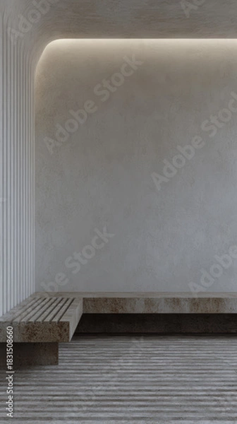 Fototapeta Minimalist interior design featuring a stone bench and smooth walls in a calming space