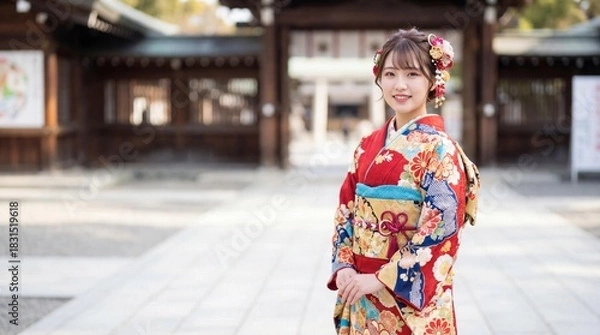 Obraz 神社で晴れ着の振袖を着て微笑む成人の日の日本人女性