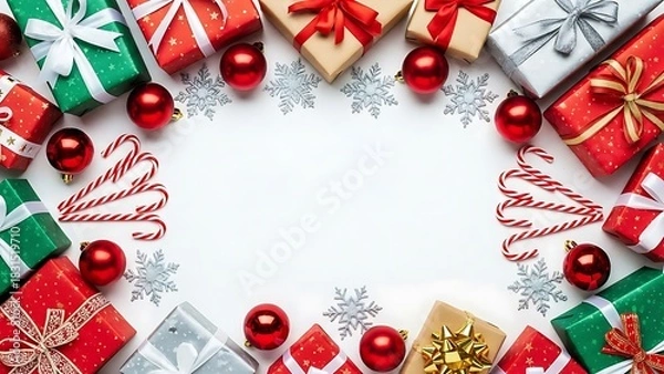 Obraz Vibrant Christmas Border with Gifts, Ornaments, Candy Canes, and Snowflakes on White Copy Space