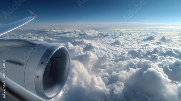 Fototapeta Aircraft engine and sky clouds from passenger window