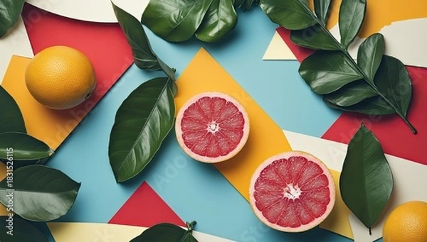 Obraz A vibrant and colorful flat lay featuring abstract geometric shapes, bold patterns, tropical elements