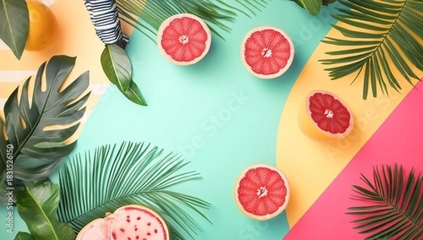 Fototapeta A vibrant and colorful flat lay featuring abstract geometric shapes, bold patterns, tropical elements