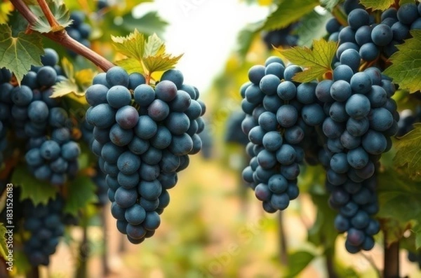 Obraz Frontal vineyard shot of ripe blue-black grape bunches with natural bloom on their surface, detailed leaves and stems visible in soft daylight. Generative AI