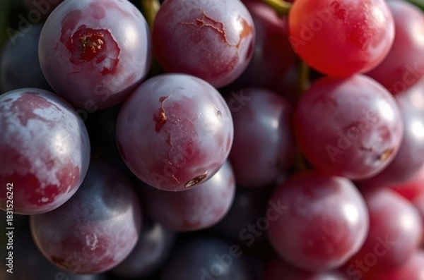 Obraz Close-up view of a bunch of ripe purple grapes, each berry catching soft light, revealing slight wrinkles and natural texture. Generative AI