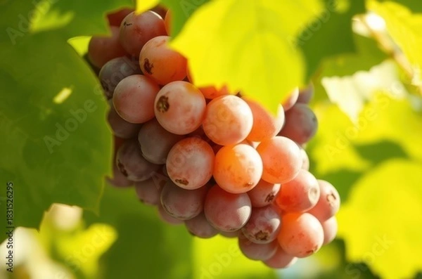 Obraz A ripe grape cluster illuminated by morning light, showing fine surface details, with bright green leaves softly framing the bunch. Generative AI