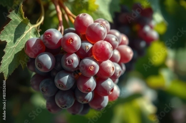 Obraz A bunch of ripe grapes under soft diffused light, natural bloom visible on each berry, with green vine leaves forming a vivid contrast. Generative AI