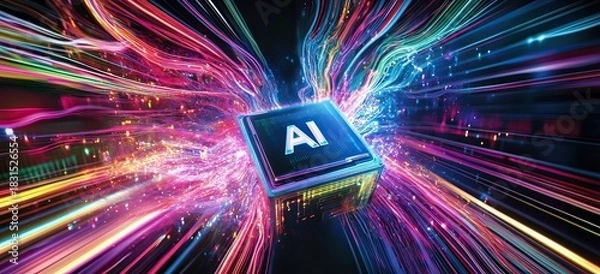 Obraz A vibrant and dynamic illustration of an AI chip with the letters "AI" 
