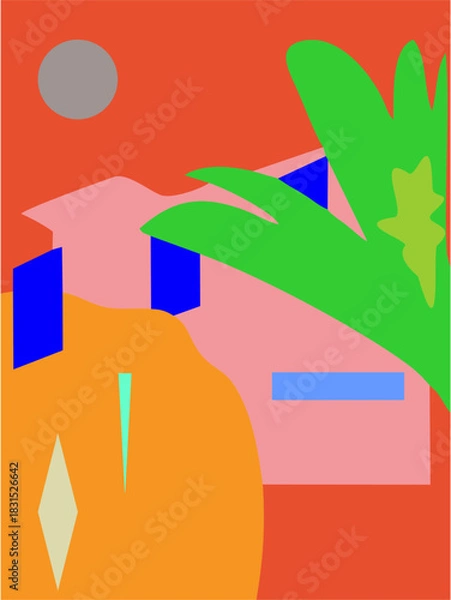 Obraz Abstract illustration of a house with a palm tree minimalist vector design for modern art isolated on an orange background