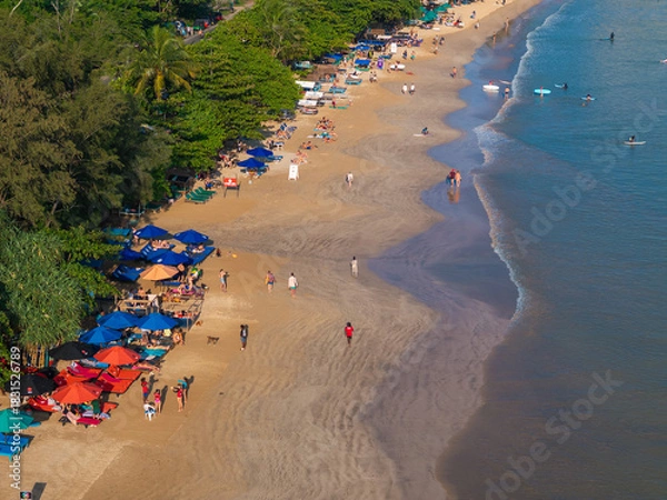 Obraz Aerial view of Weligama Beach with surfers riding the waves, Sri Lanka